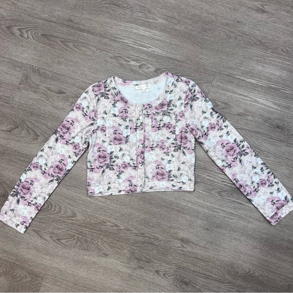 LoveShackFancy Cropped lightweight purple floral cardigan
